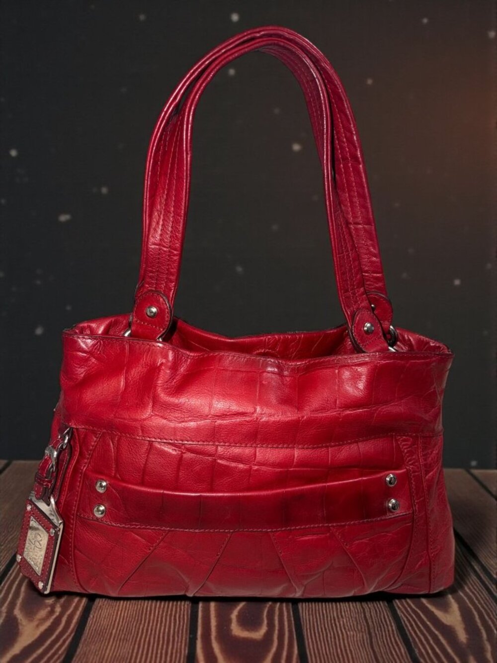 B Makowsky Shoulder Bag A95523 Red Croc Embossed Leather Hobo Satchel +Bag Charm - Picture 2 of 10